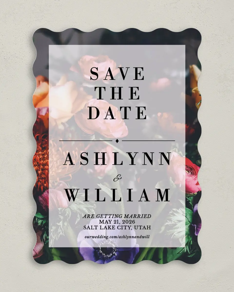 This is a 5" x 7" Save the Date Card called Border Bloom printed in full color on Premium Smooth paper