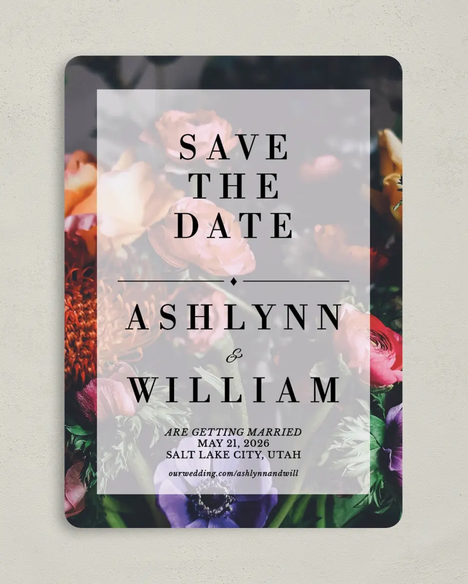 This is a 5" x 7" Save the Date Card called Border Bloom printed in full color on Premium Smooth paper