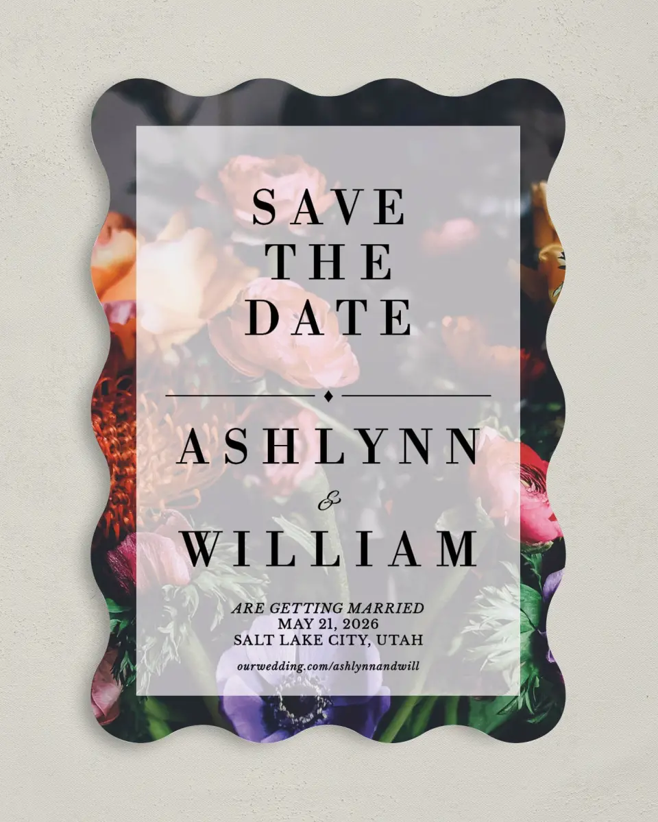 This is a 5" x 7" Save the Date Card called Border Bloom printed in full color on Premium Smooth paper