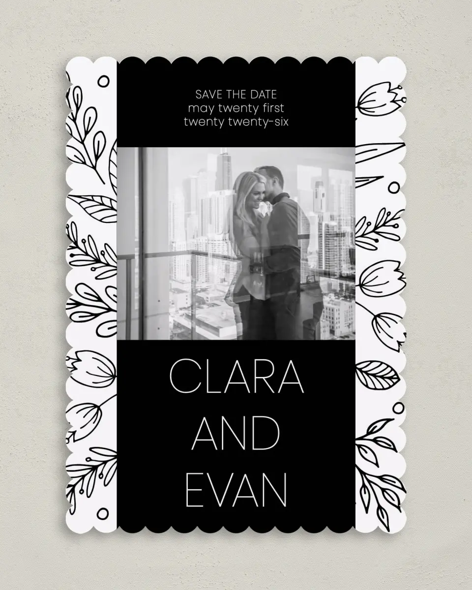 This is a 5" x 7" Save the Date Card called Blooming Edges printed in full color on Premium Smooth paper