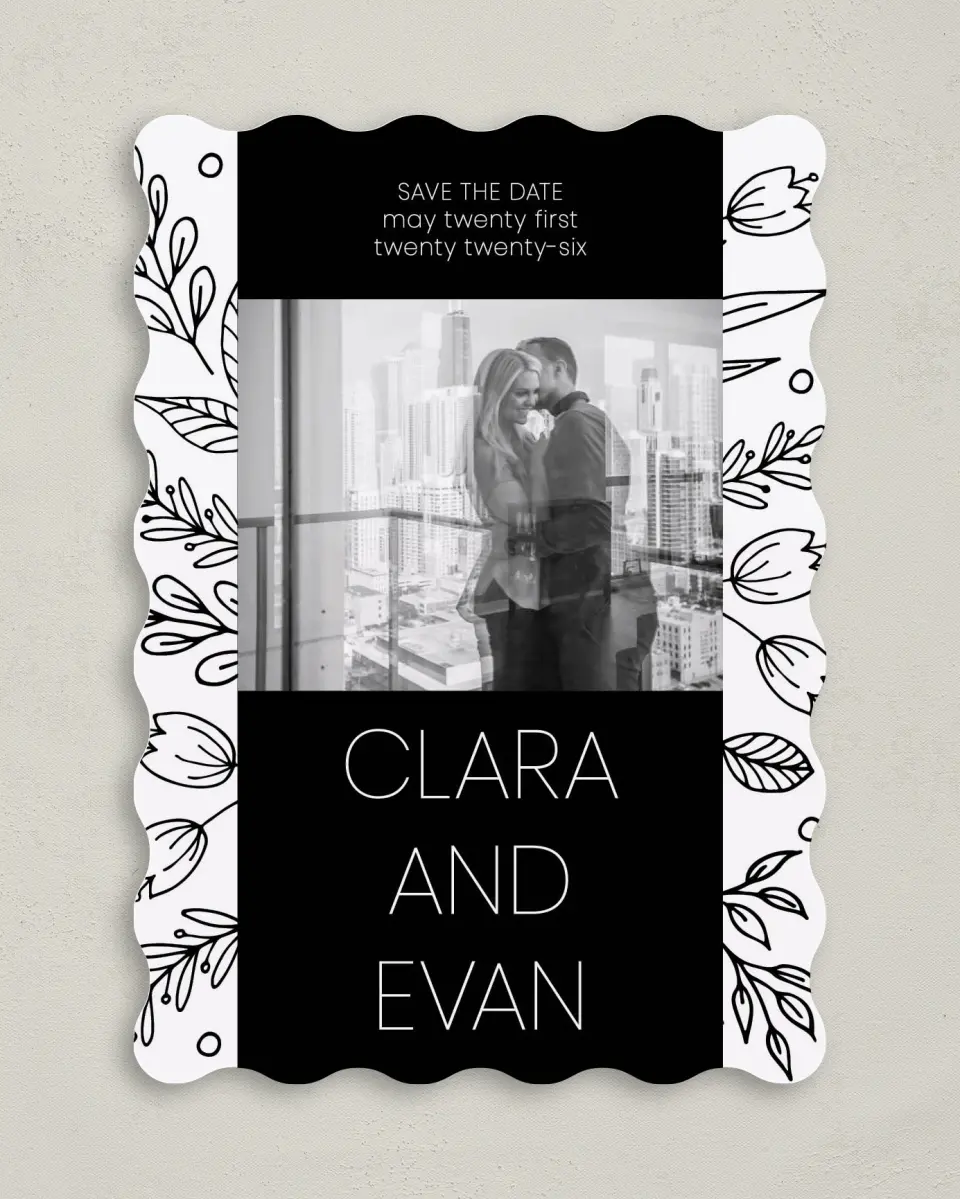 This is a 5" x 7" Save the Date Card called Blooming Edges printed in full color on Premium Smooth paper