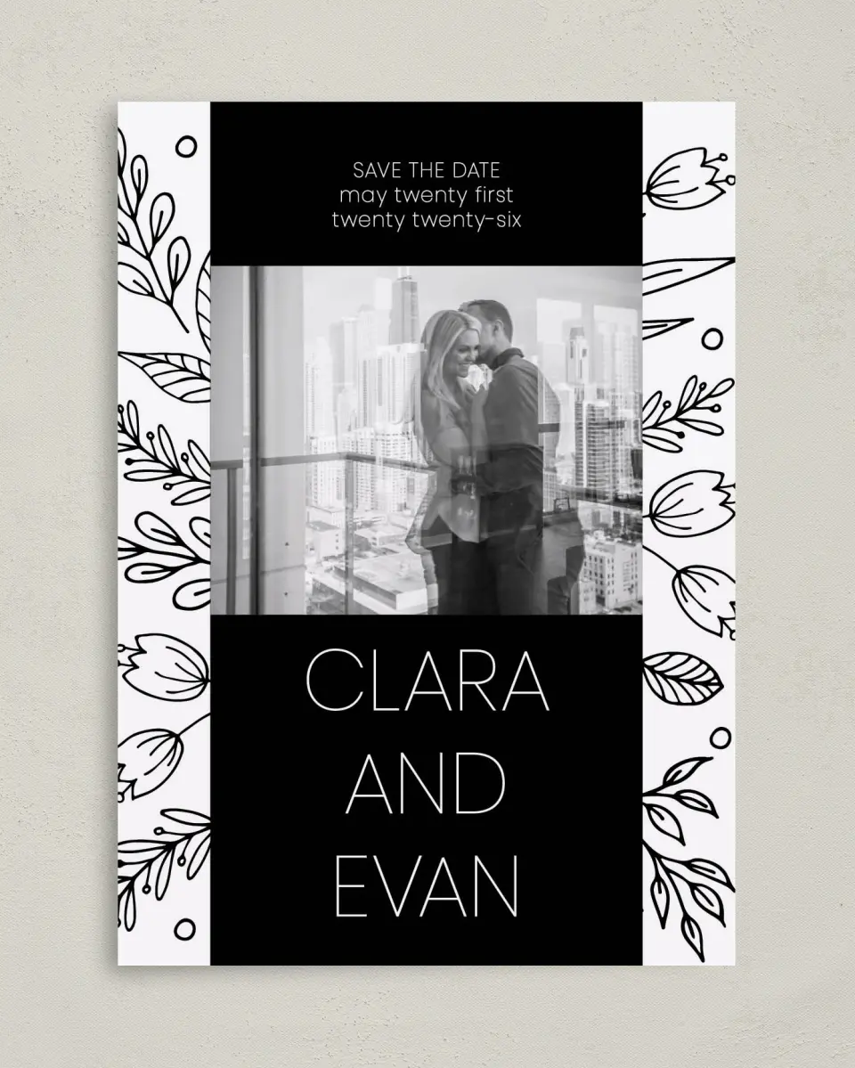This is a 5" x 7" Save the Date Card called Blooming Edges printed in full color on Premium Smooth paper