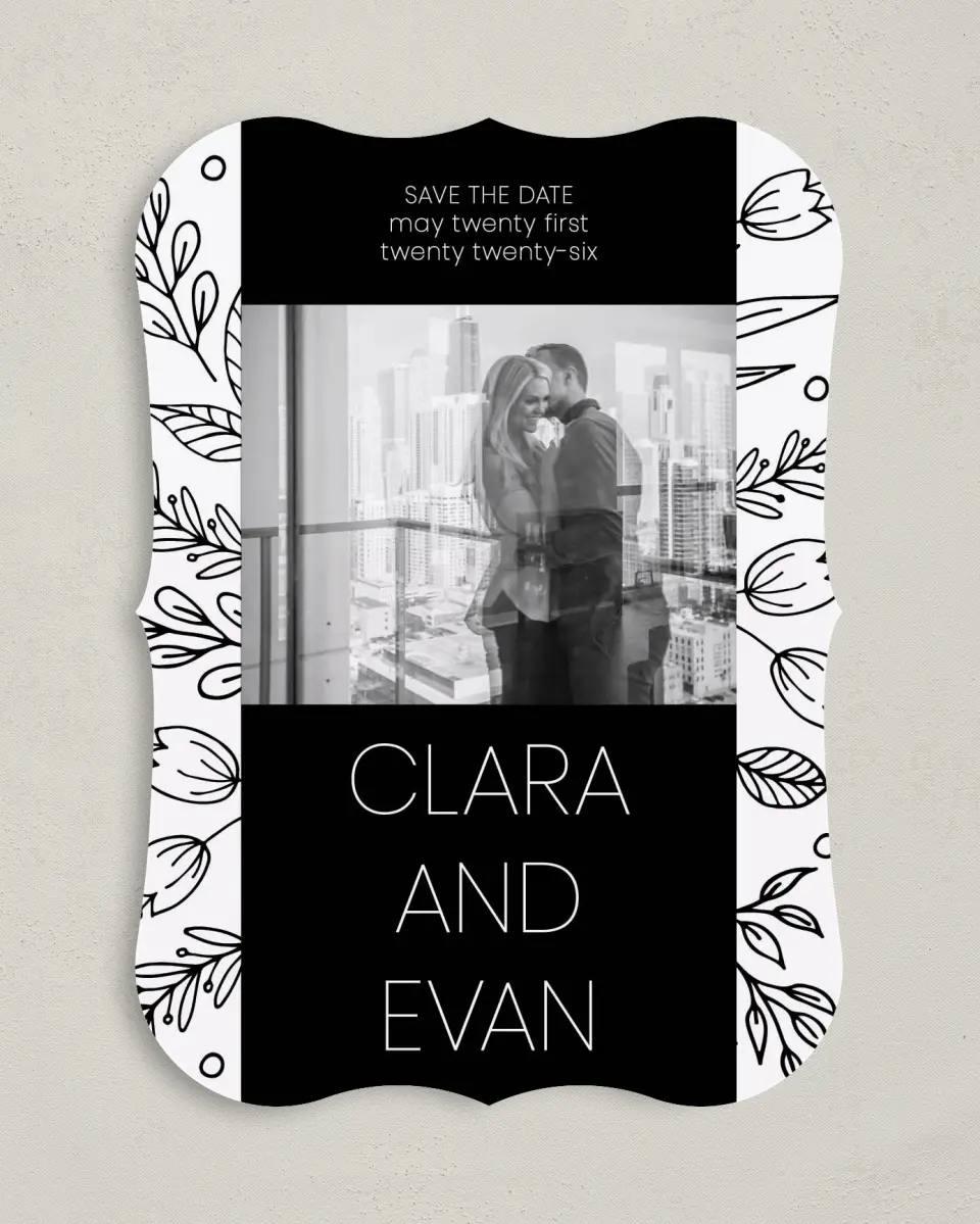 This is a 5" x 7" Save the Date Card called Blooming Edges printed in full color on Premium Smooth paper