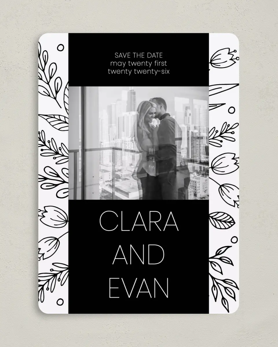 This is a 5" x 7" Save the Date Card called Blooming Edges printed in full color on Premium Smooth paper