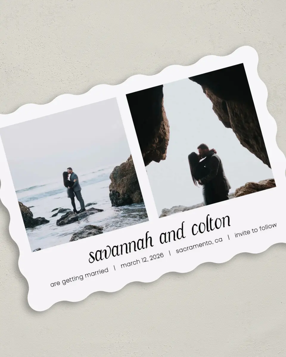 This is a 5" x 7" Save the Date Card called Happening! printed in full color on Premium Smooth paper