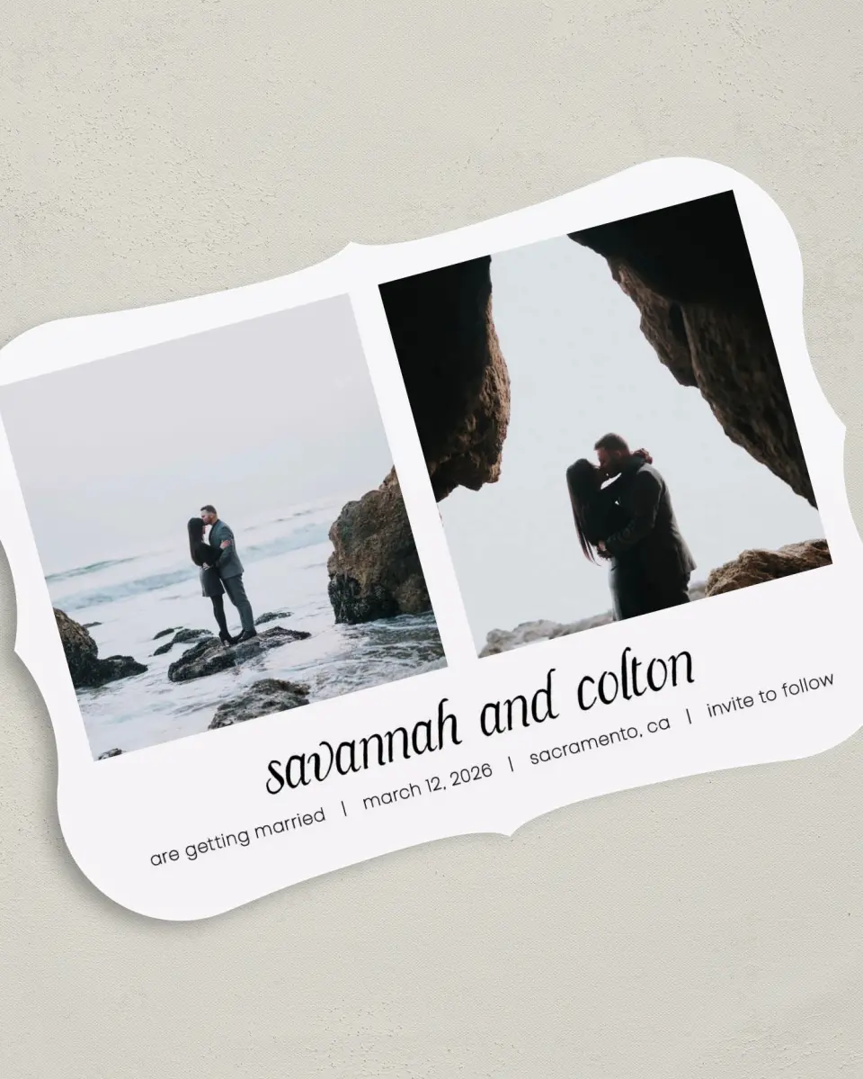 This is a 5" x 7" Save the Date Card called Happening! printed in full color on Premium Smooth paper