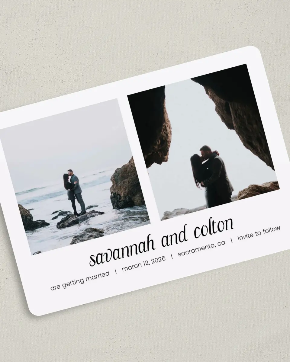 This is a 5" x 7" Save the Date Card called Happening! printed in full color with Silver foil on Luxe Satin (coated) paper
