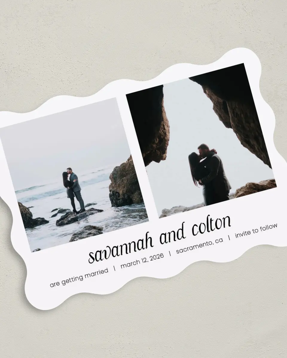 This is a 5" x 7" Save the Date Card called Happening! printed in full color on Premium Smooth paper