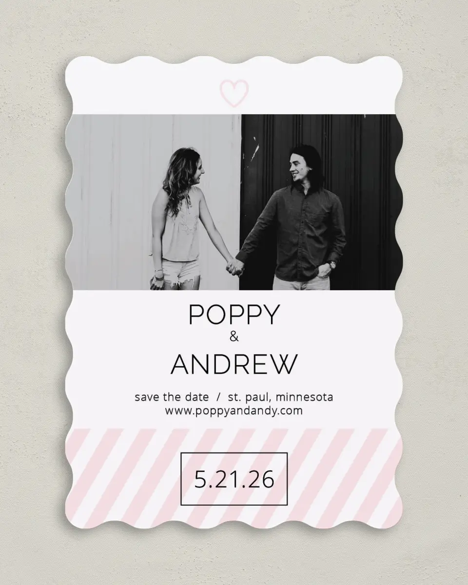 This is a 5" x 7" Save the Date Card called Love at Last printed in full color on Premium Smooth paper
