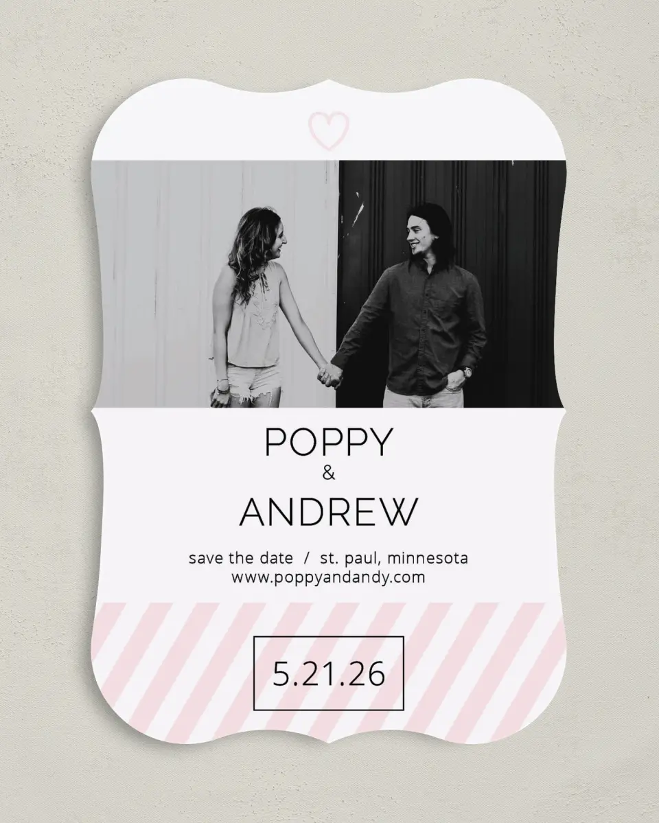 This is a 5" x 7" Save the Date Card called Love at Last printed in full color on Premium Smooth paper