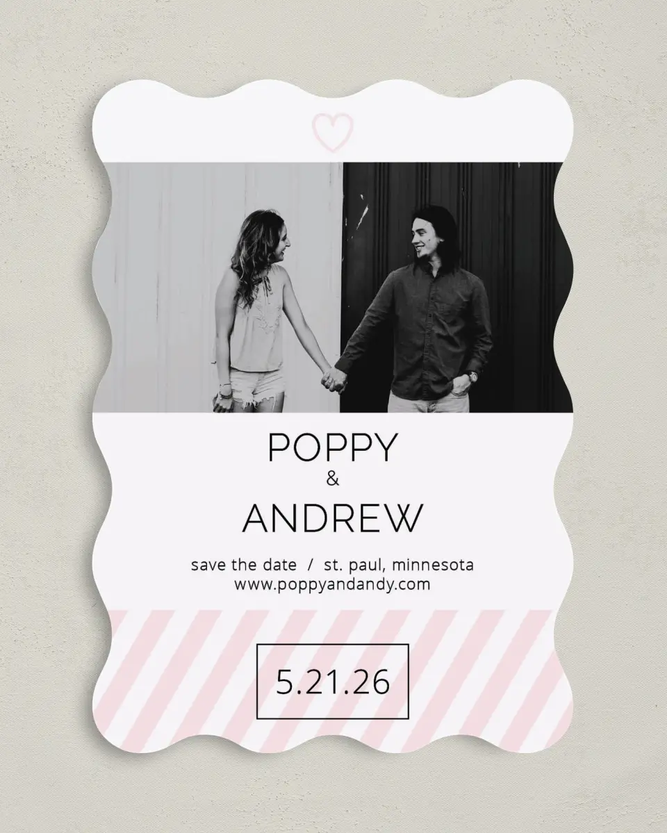 This is a 5" x 7" Save the Date Card called Love at Last printed in full color on Premium Smooth paper