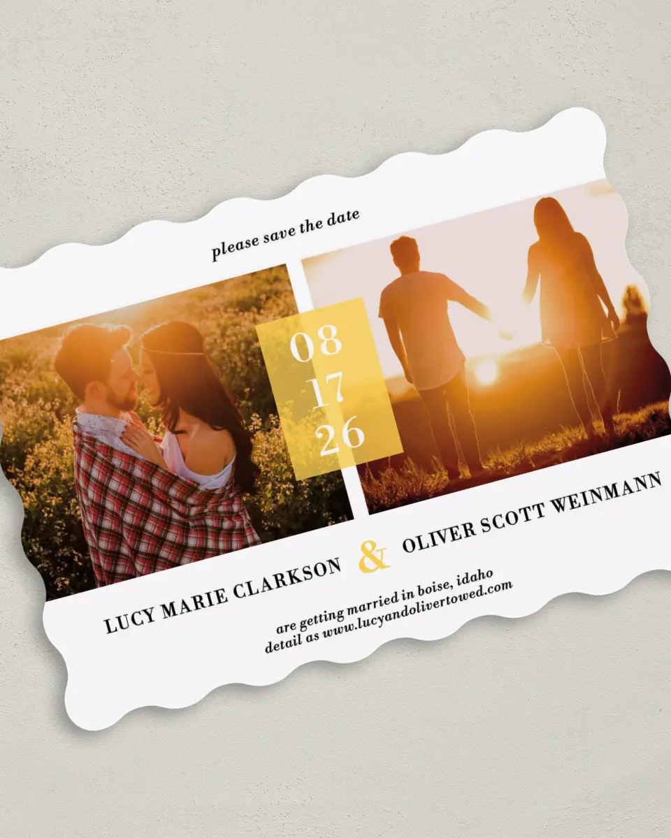 This is a 5" x 7" Save the Date Card called Love + Sunshine printed in full color on Premium Smooth paper
