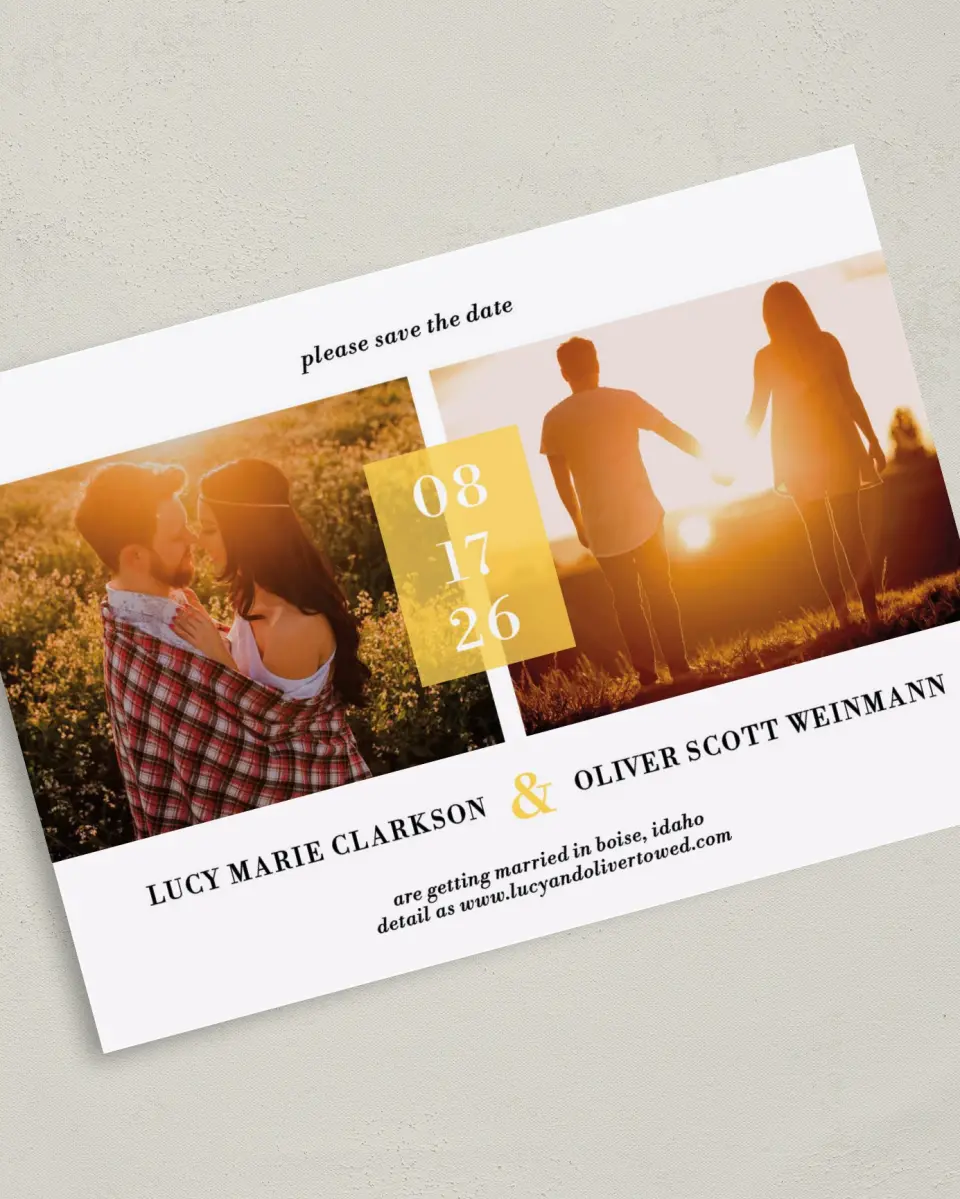 This is a 5" x 7" Save the Date Card called Love + Sunshine printed in full color on Premium Smooth paper