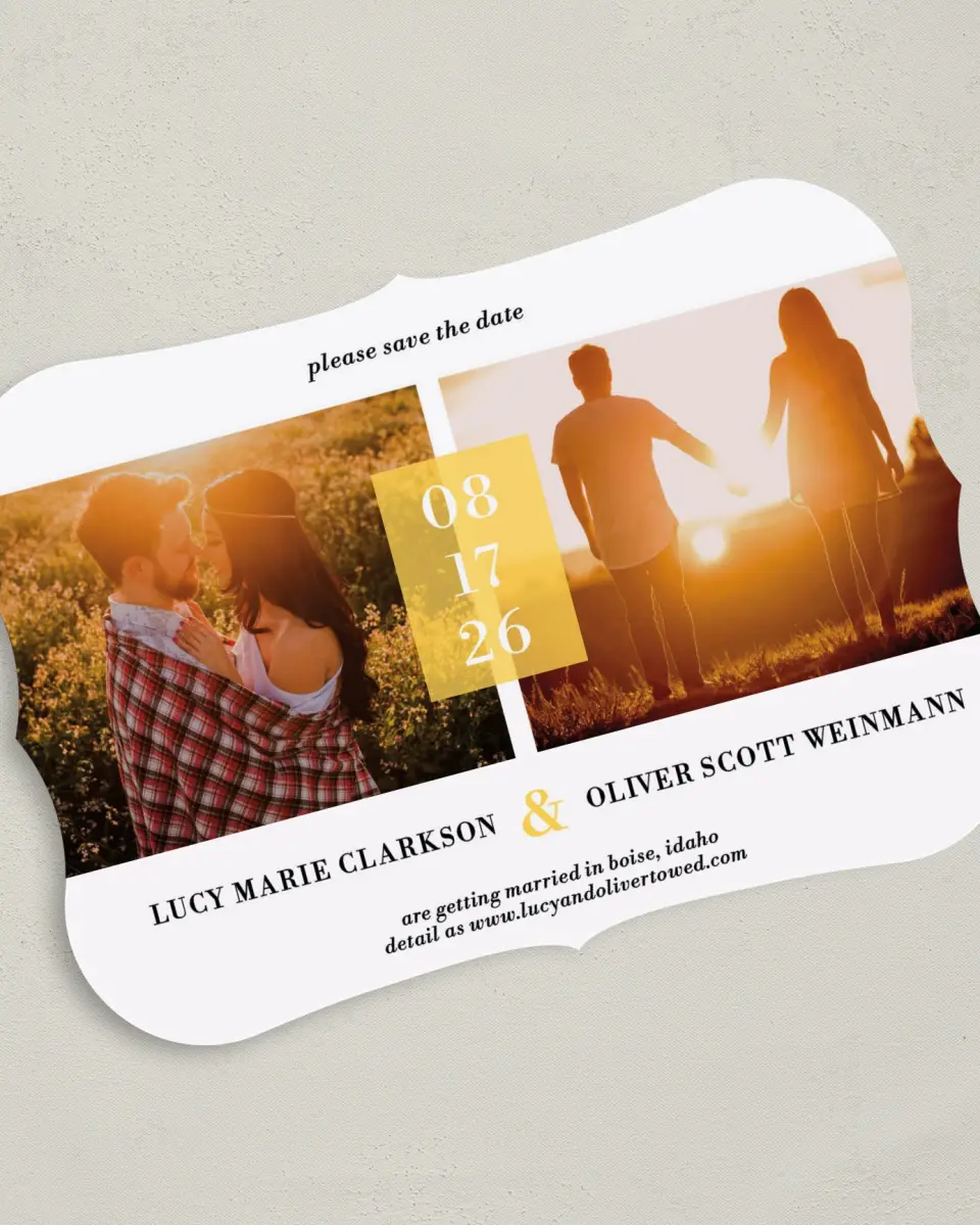 This is a 5" x 7" Save the Date Card called Love + Sunshine printed in full color on Premium Smooth paper