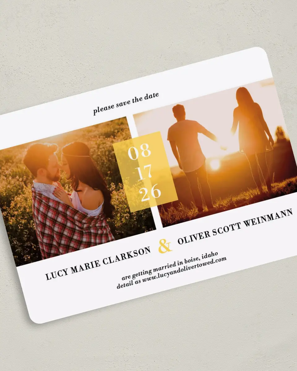 This is a 5" x 7" Save the Date Card called Love + Sunshine printed in full color on Premium Smooth paper