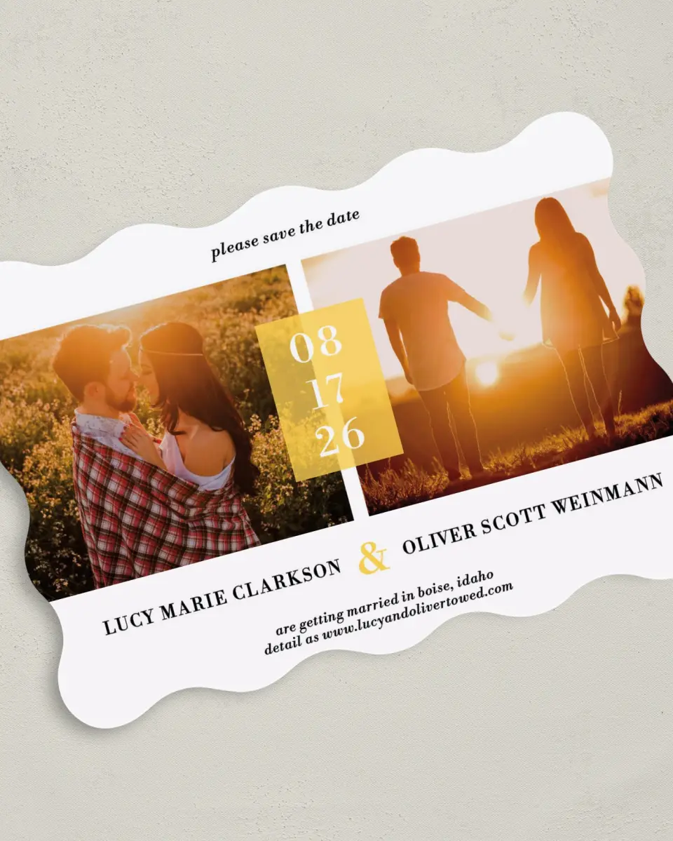 This is a 5" x 7" Save the Date Card called Love + Sunshine printed in full color on Premium Smooth paper