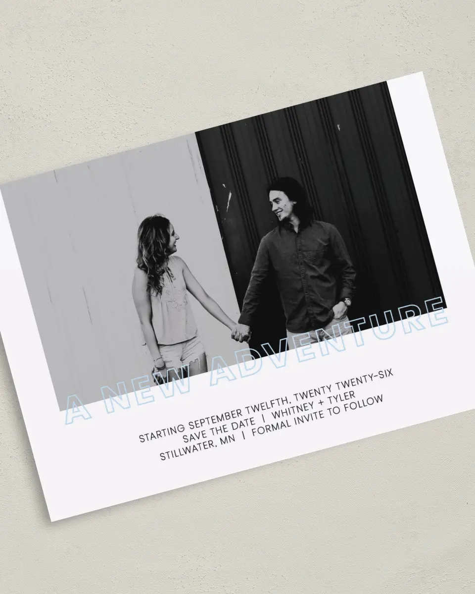 This is a 5" x 7" Save the Date Card called Love is an Adventure printed in full color on Premium Smooth paper