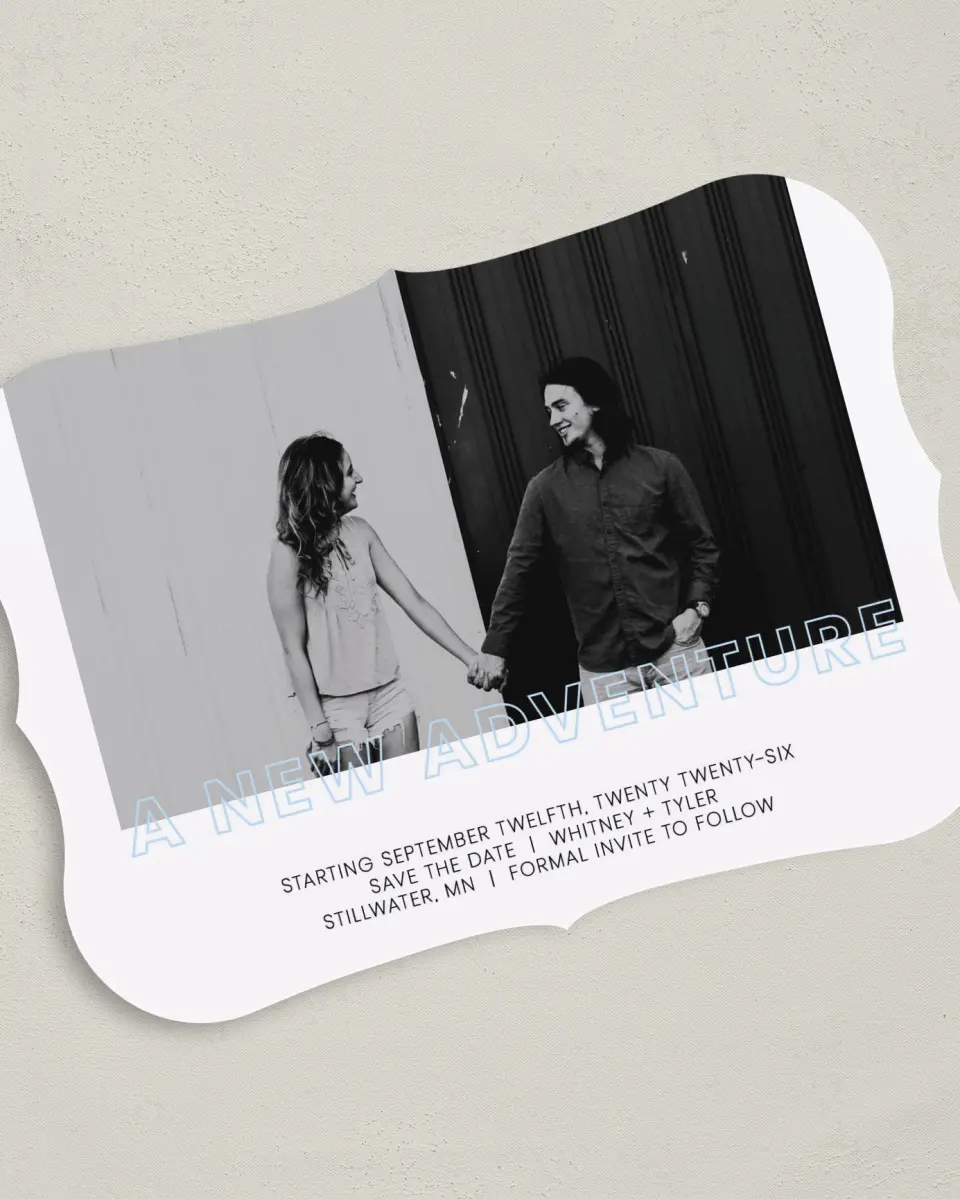 This is a 5" x 7" Save the Date Card called Love is an Adventure printed in full color on Premium Smooth paper