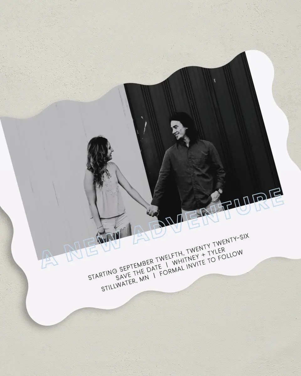 This is a 5" x 7" Save the Date Card called Love is an Adventure printed in full color on Premium Smooth paper