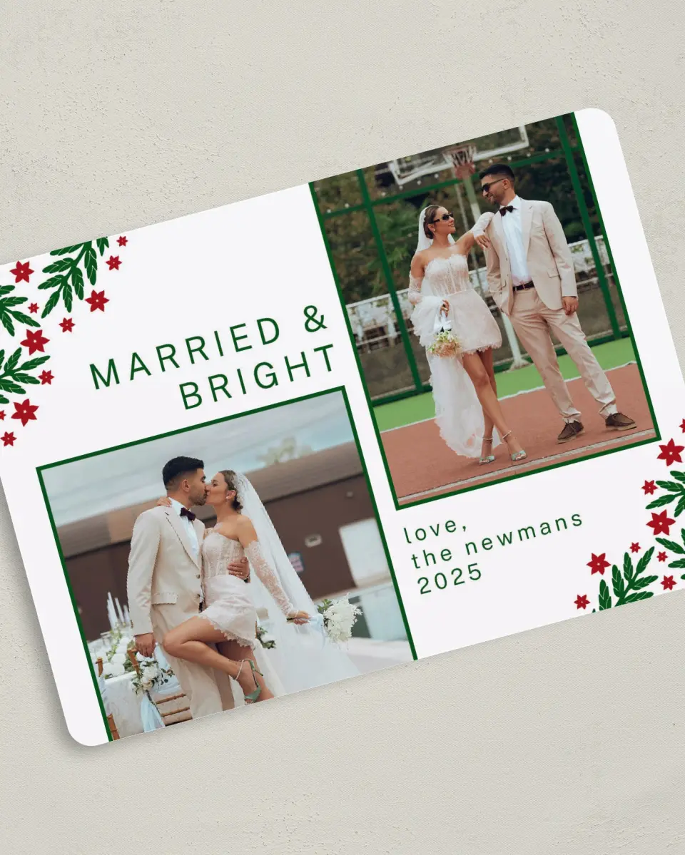 This is a 5" x 7" Christmas Card called Berry Joy printed in full color with Gold foil on Soft Suede (coated) paper