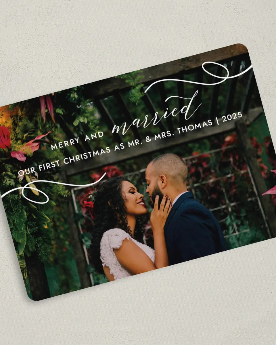 This is a 5" x 7" Christmas Card called Festive First printed in full color with Gold foil on Soft Suede (coated) paper