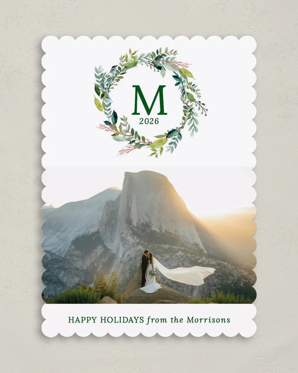 This is a 5" x 7" Christmas Card called Wreath Wishes printed in full color on Premium Smooth paper on Premium Smooth paper on Premium Smooth paper