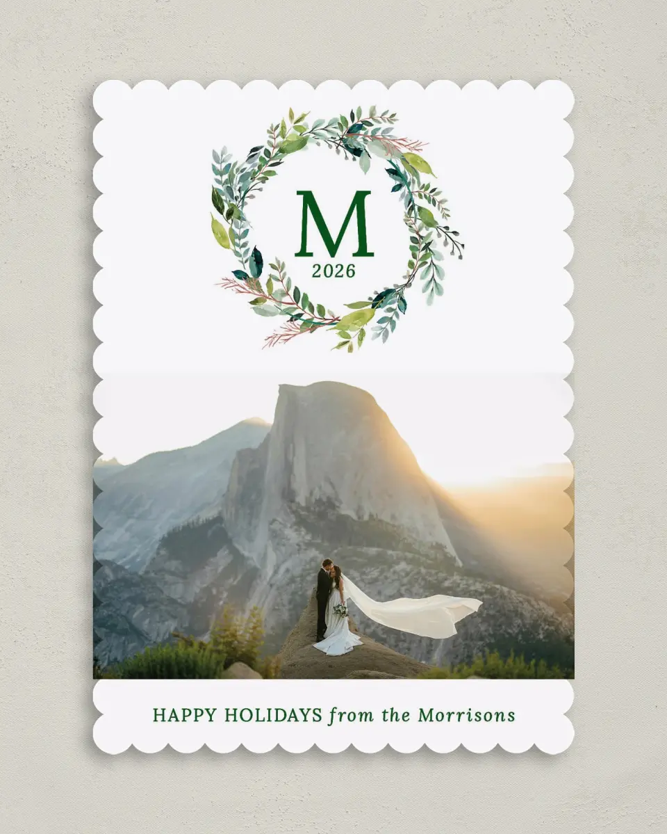 This is a 5" x 7" Christmas Card called Wreath Wishes printed in full color on Premium Smooth paper on Premium Smooth paper on Premium Smooth paper