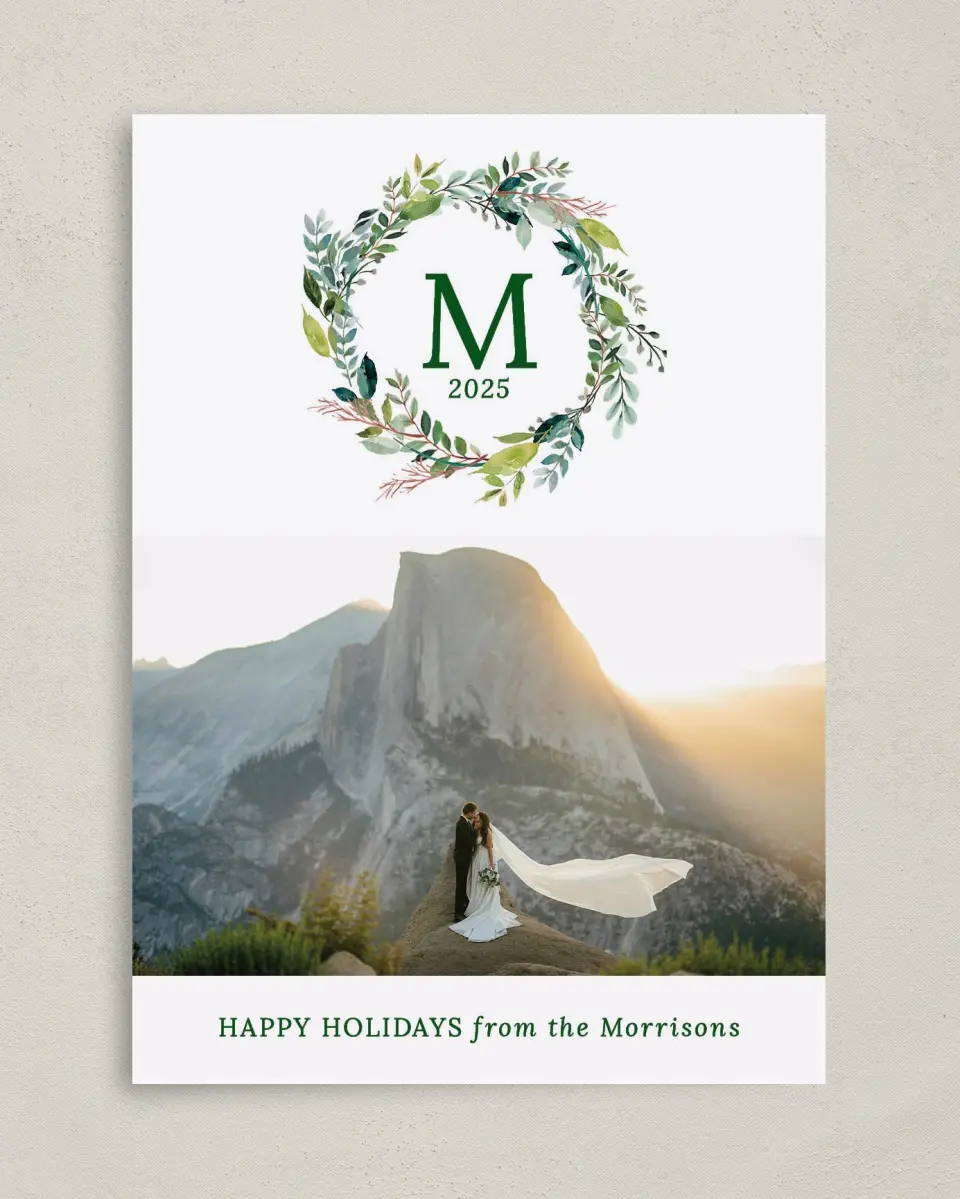 This is a 5" x 7" Christmas Card called Wreath Wishes printed in full color with Gold foil on Soft Suede (coated) paper