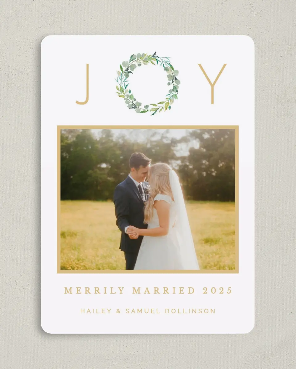 This is a 5" x 7" Christmas Card called Patina Wreath printed in full color on Premium Smooth paper