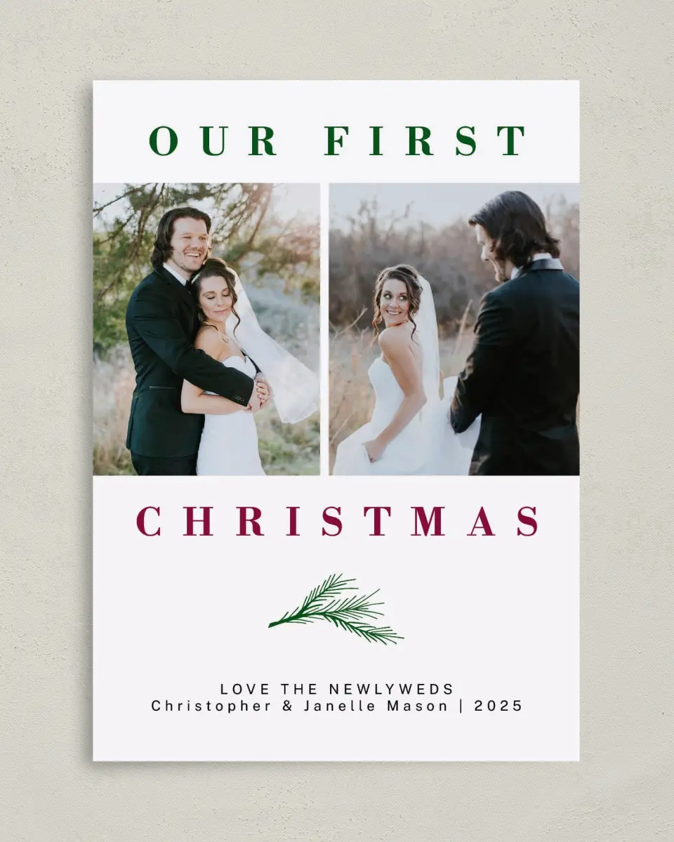 This is a 5" x 7" Christmas Card called Peaceful Pine printed in full color with Gold foil on Soft Suede (coated) paper