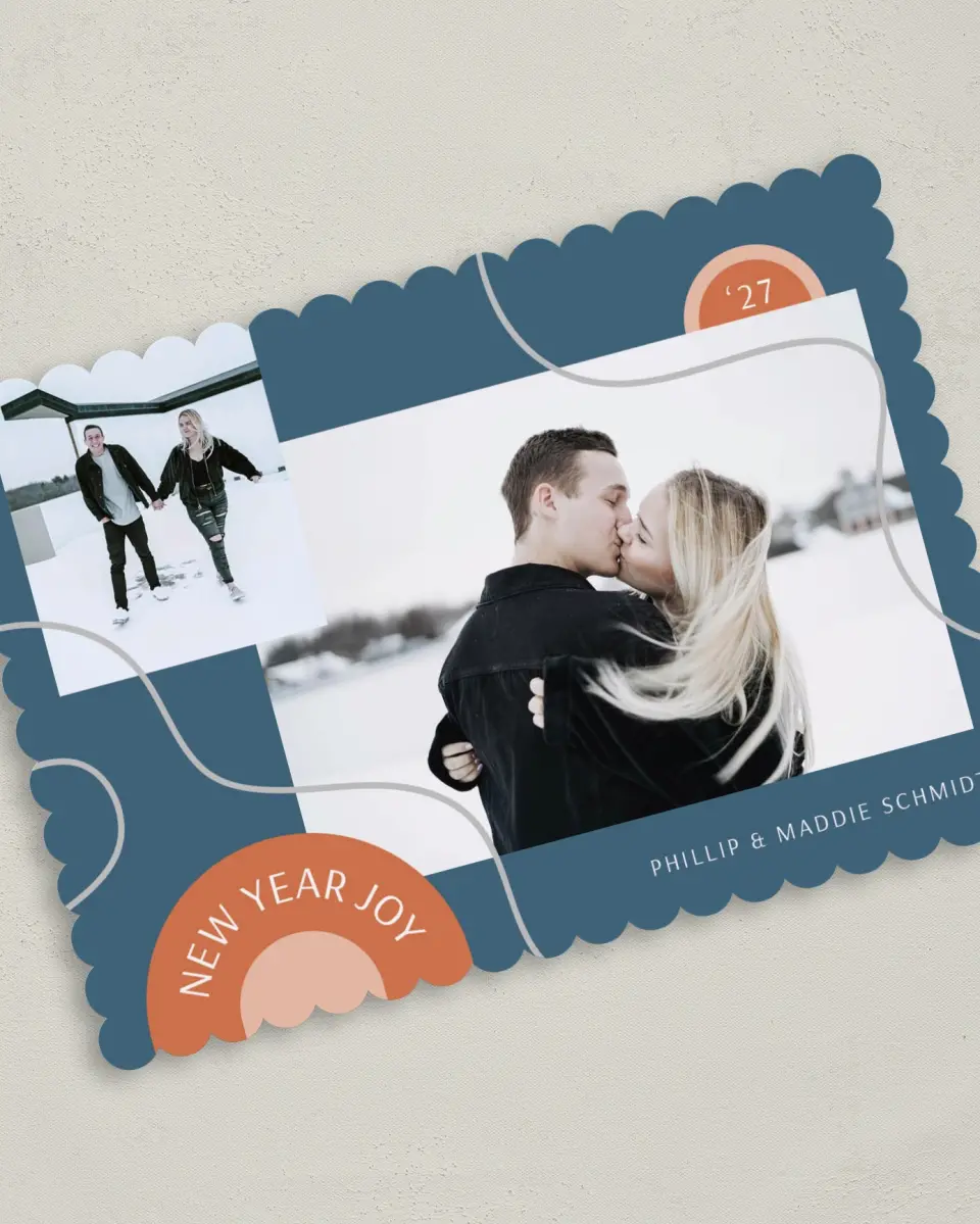 This is a 5" x 7" Christmas Card called New Year Joy printed in full color on Premium Smooth paper on Premium Smooth paper on Premium Smooth paper