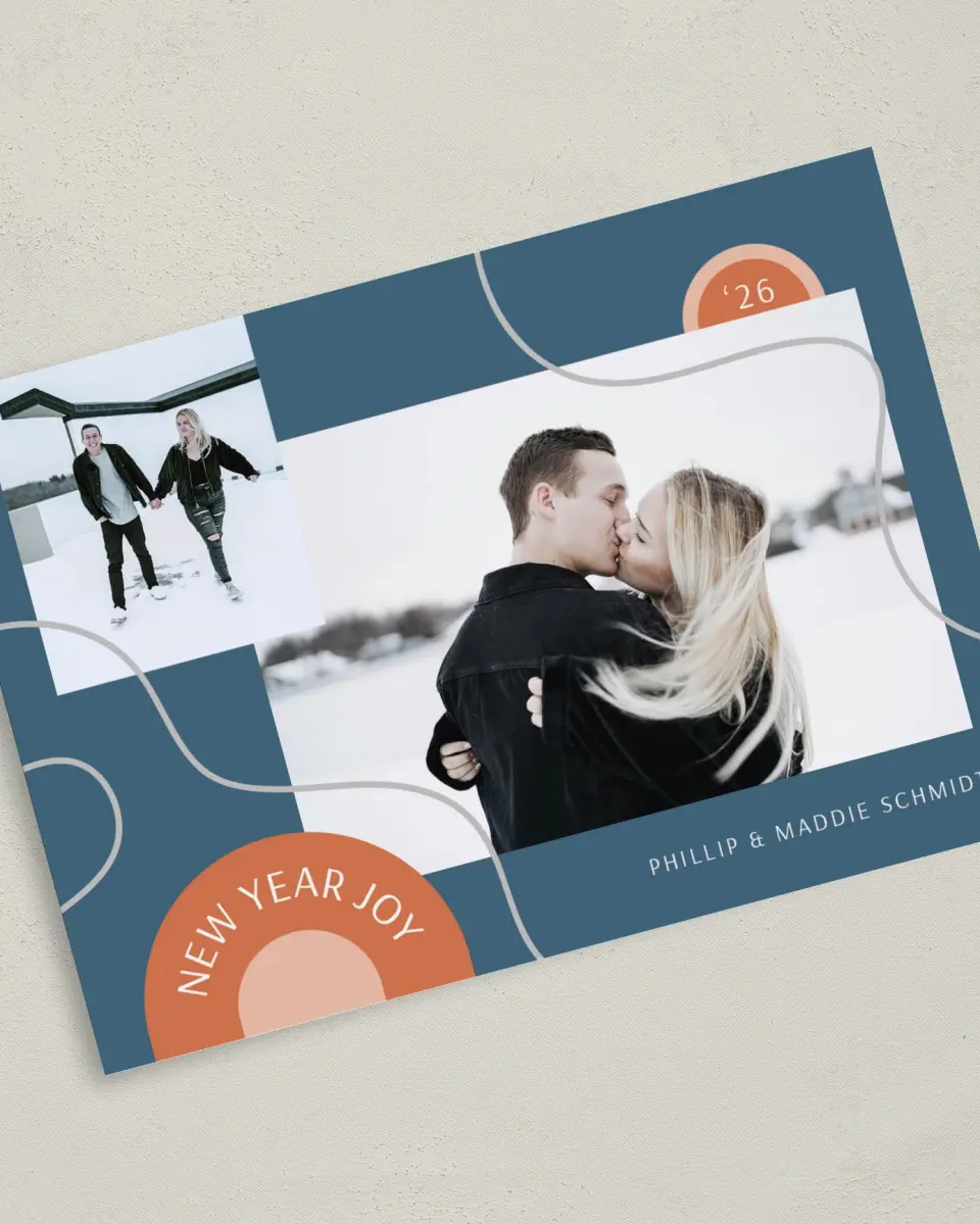 This is a 5" x 7" Christmas Card called New Year Joy printed in full color on Premium Smooth paper