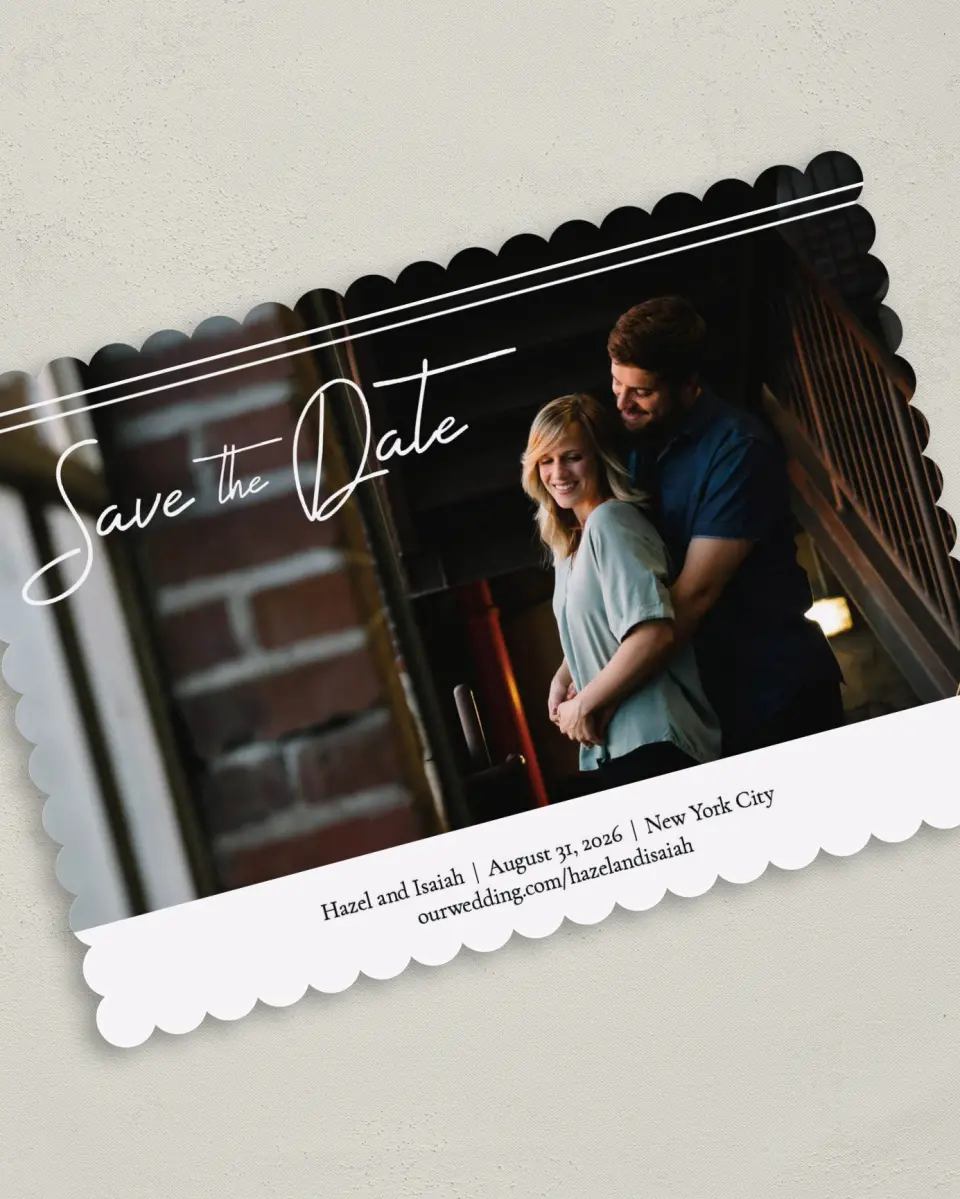 This is a 5" x 7" Save the Date Card called Exquisite Date printed in full color on Premium Smooth paper
