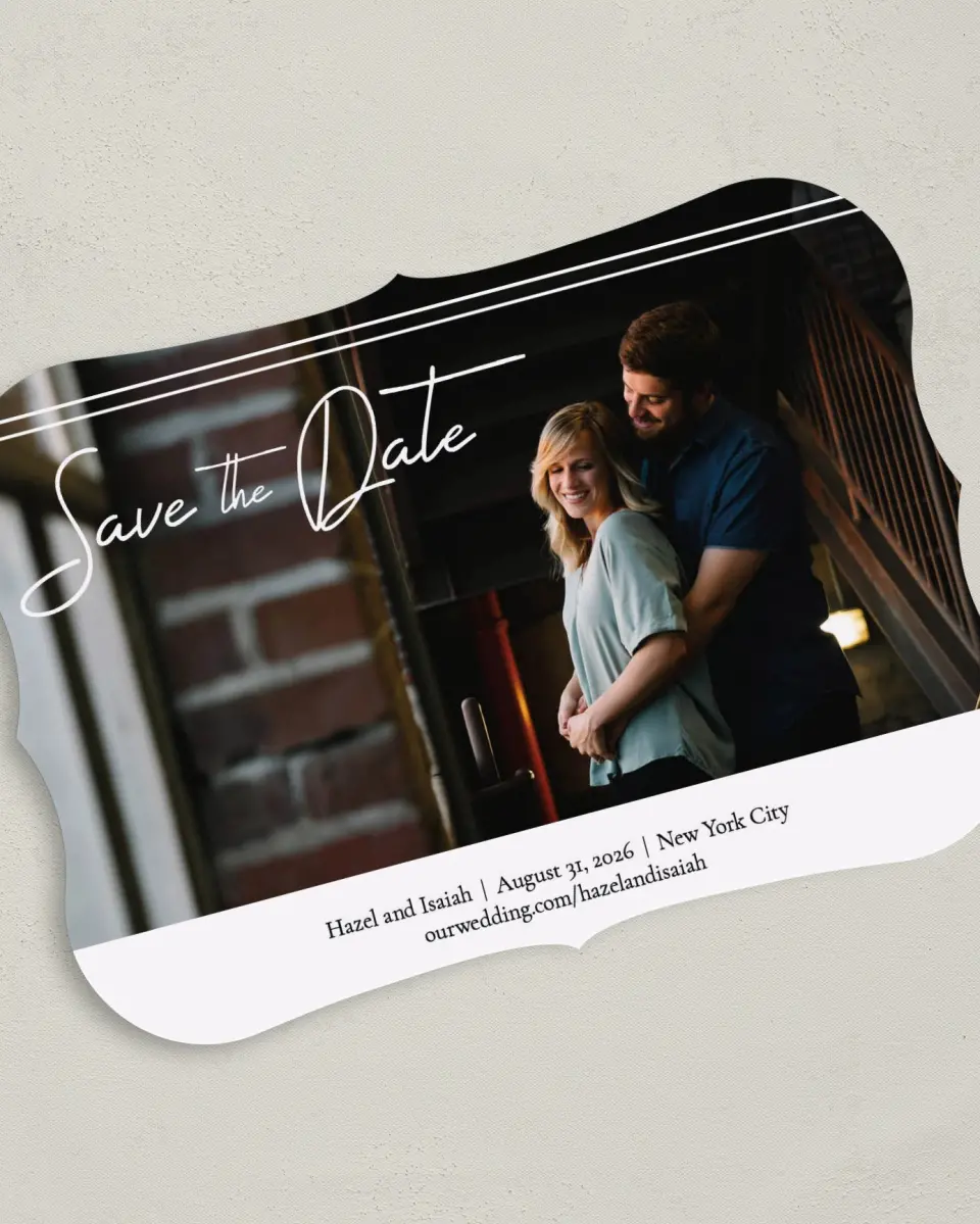This is a 5" x 7" Save the Date Card called Exquisite Date printed in full color on Premium Smooth paper