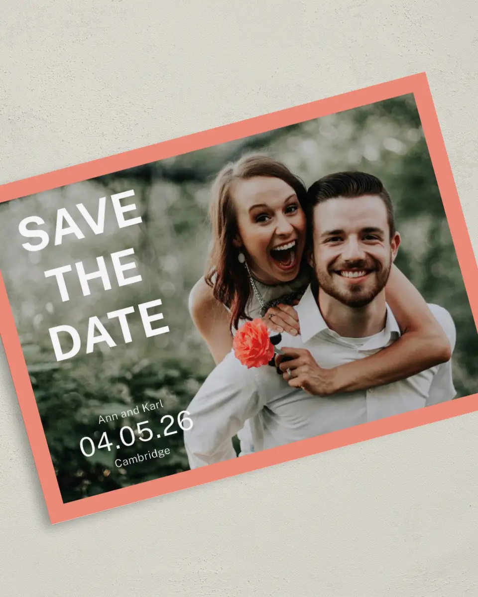 This is a 5" x 7" Save the Date Card called Joyous Expression printed in full color on Premium Smooth paper