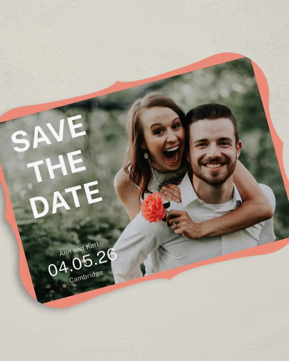 This is a 5" x 7" Save the Date Card called Joyous Expression printed in full color on Premium Smooth paper