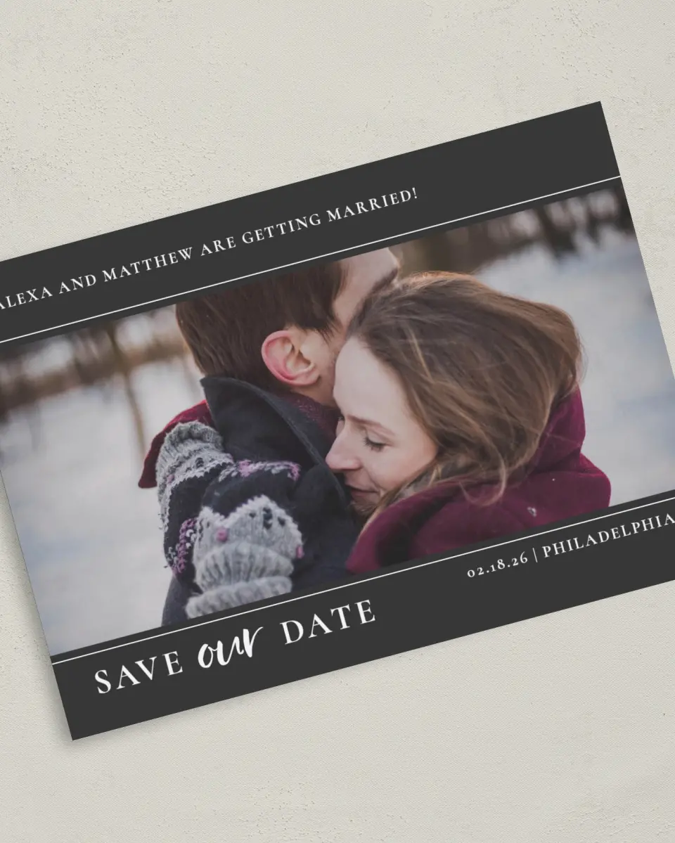 This is a 5" x 7" Save the Date Card called Dashing Date printed in full color on Premium Smooth paper