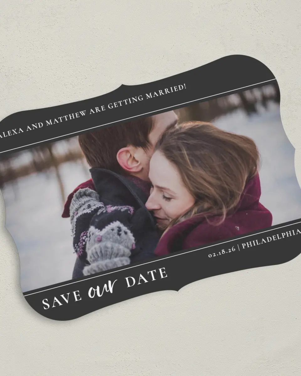 This is a 5" x 7" Save the Date Card called Dashing Date printed in full color on Premium Smooth paper
