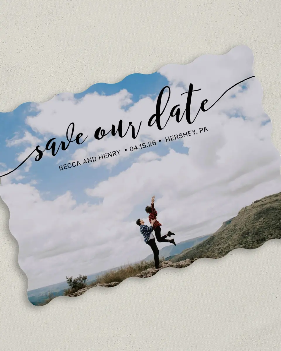 This is a 5" x 7" Save the Date Card called Avid Affection printed in full color on Premium Smooth paper