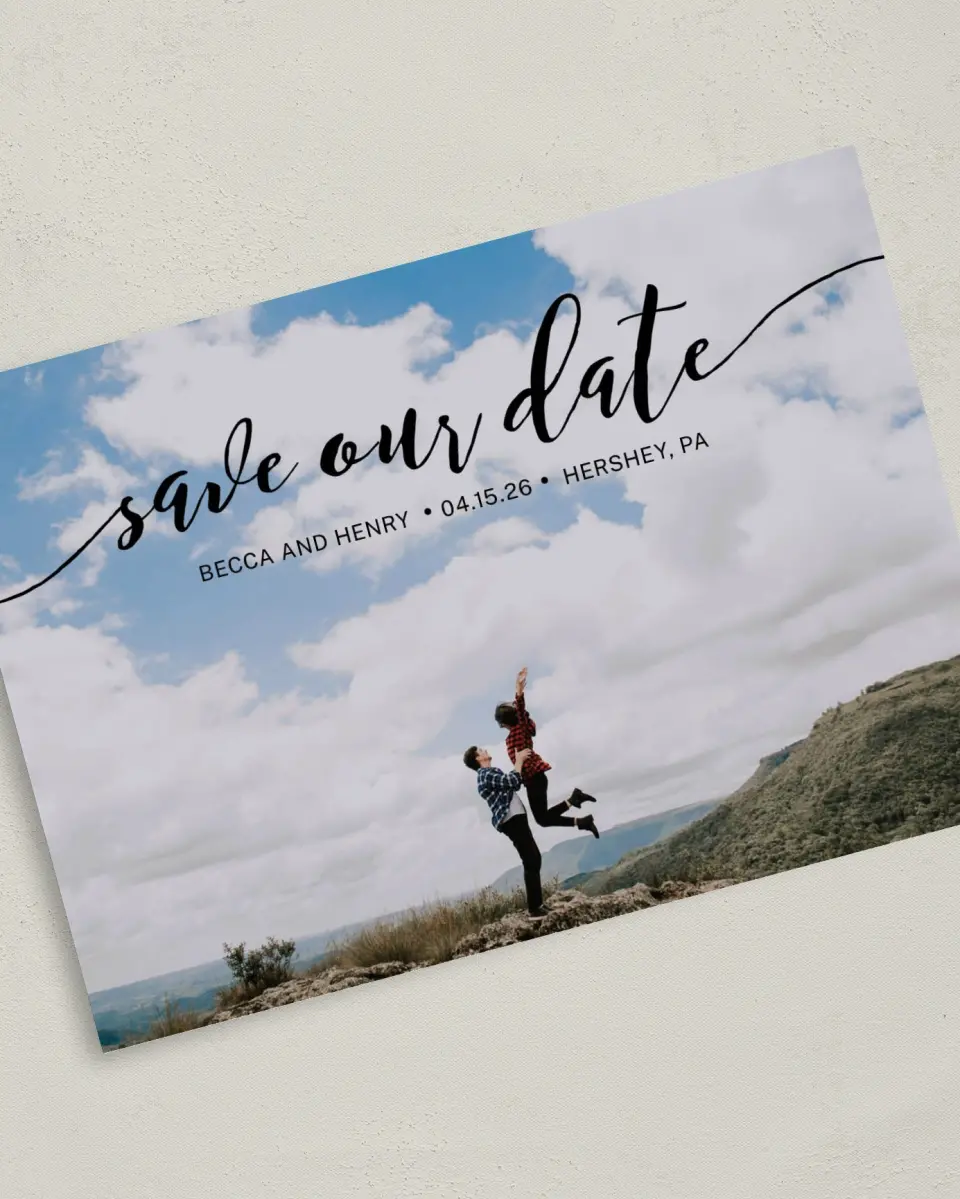 This is a 5" x 7" Save the Date Card called Avid Affection printed in full color on Premium Smooth paper