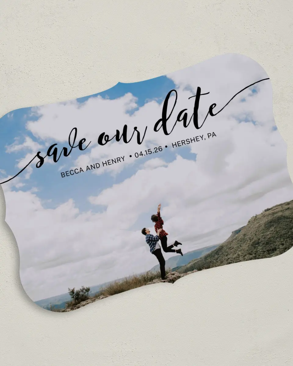 This is a 5" x 7" Save the Date Card called Avid Affection printed in full color on Premium Smooth paper
