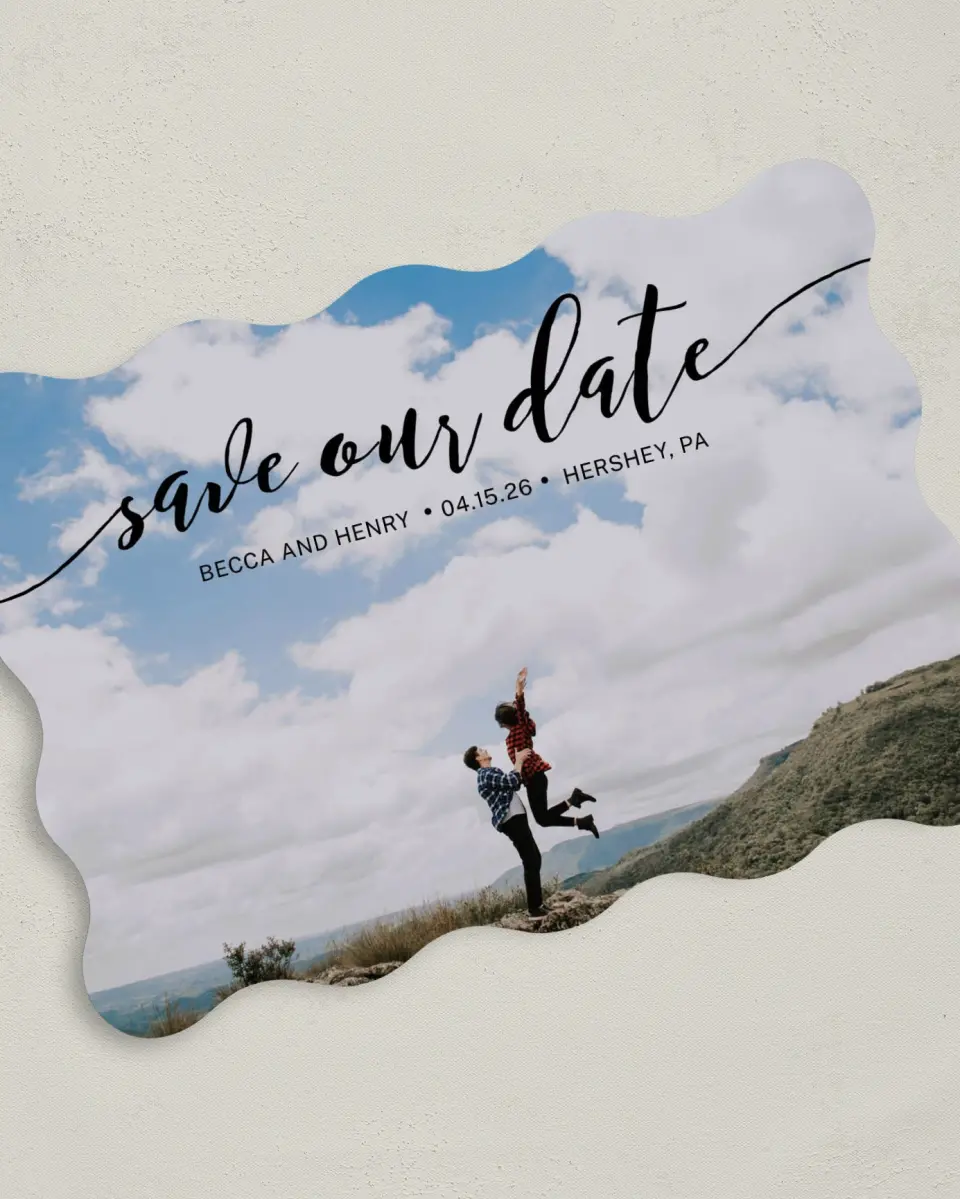 This is a 5" x 7" Save the Date Card called Avid Affection printed in full color on Premium Smooth paper