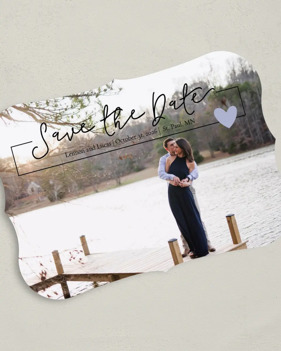 This is a 5" x 7" Save the Date Card called Dancing Hearts printed in full color on Premium Smooth paper