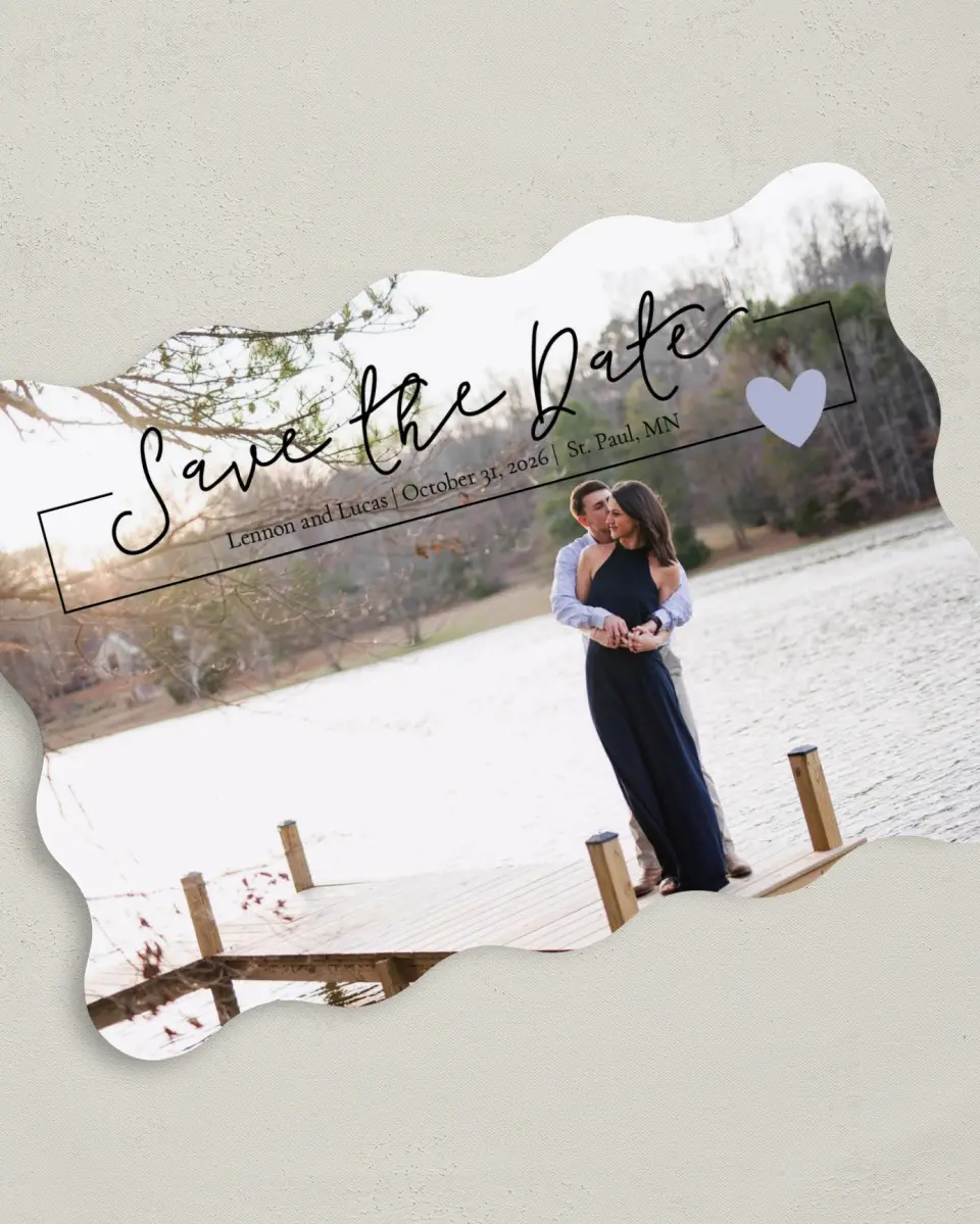 This is a 5" x 7" Save the Date Card called Dancing Hearts printed in full color on Premium Smooth paper