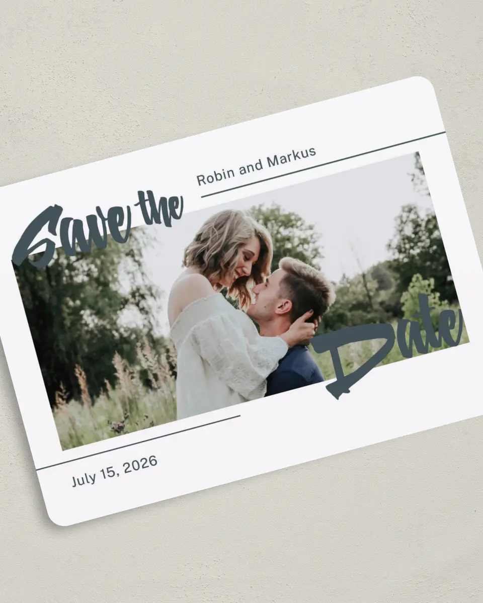 This is a 5" x 7" Save the Date Card called Radiant Bliss printed in full color on Premium Smooth paper