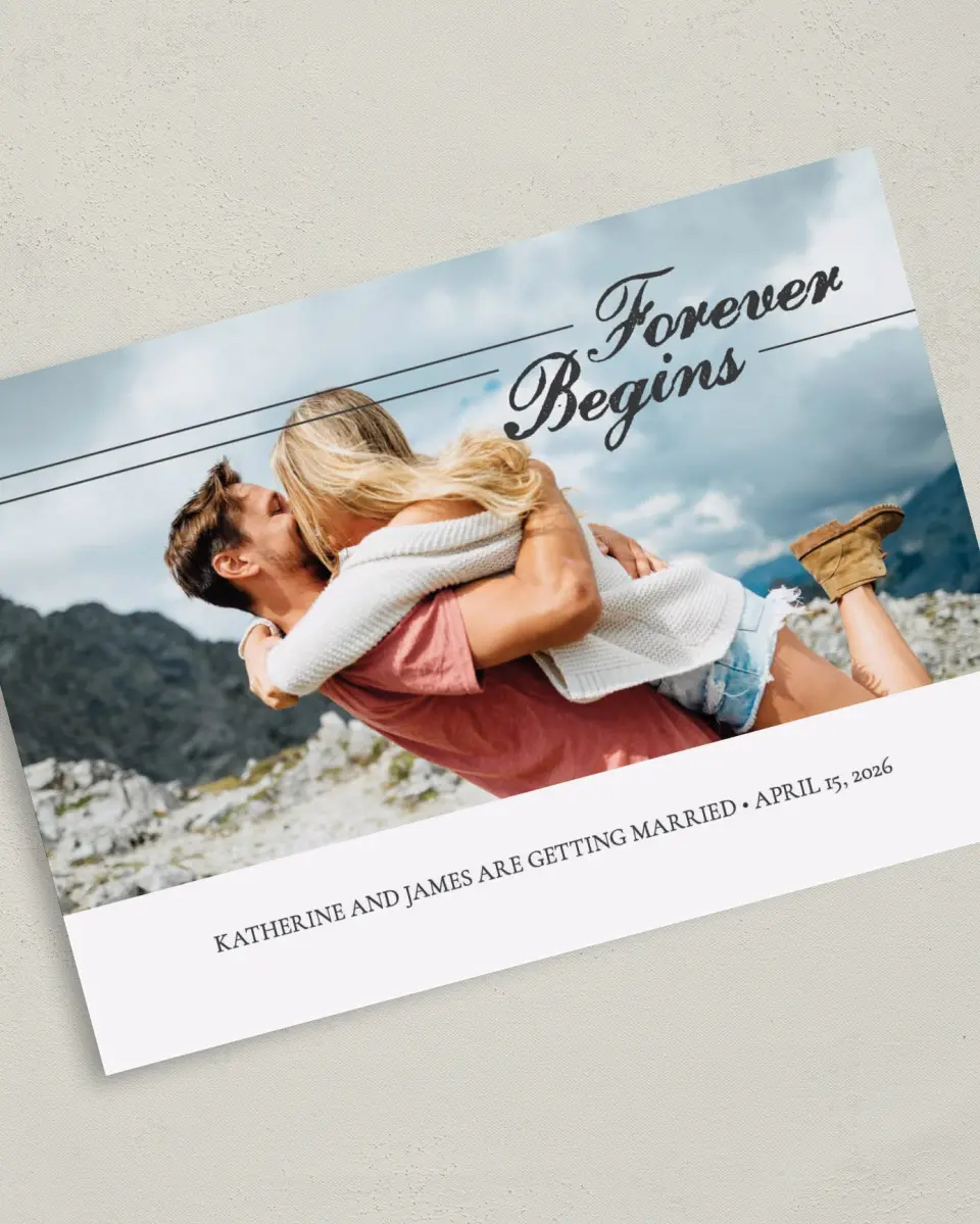 This is a 5" x 7" Save the Date Card called Our Prelude printed in full color on Premium Smooth paper