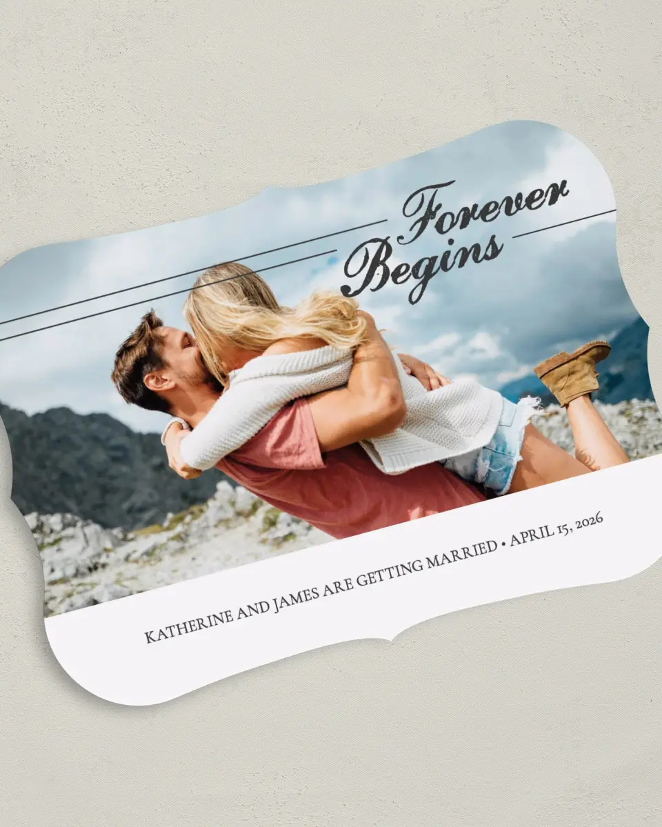 This is a 5" x 7" Save the Date Card called Our Prelude printed in full color on Premium Smooth paper
