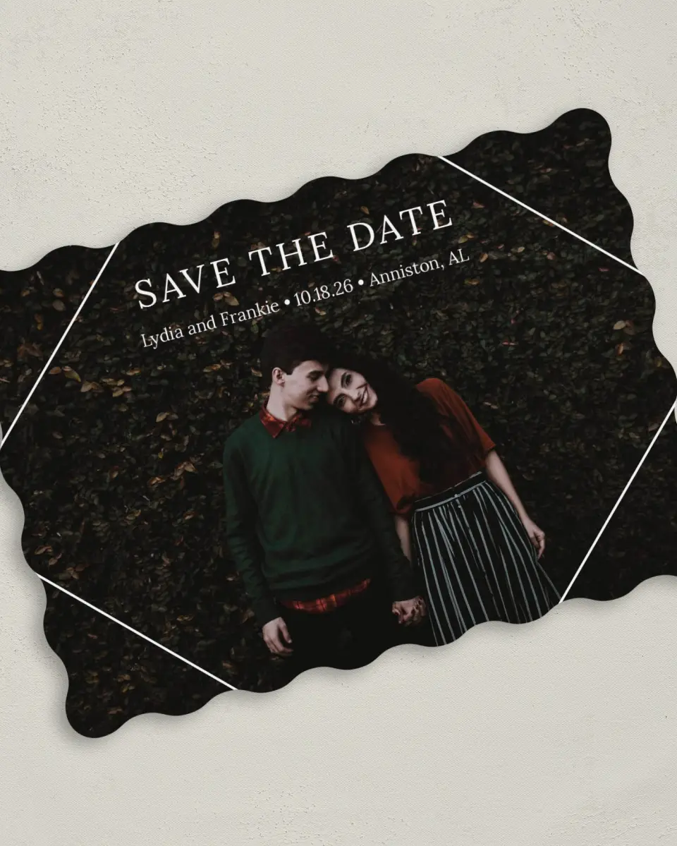 This is a 5" x 7" Save the Date Card called Intertwined Diamond printed in full color on Premium Smooth paper