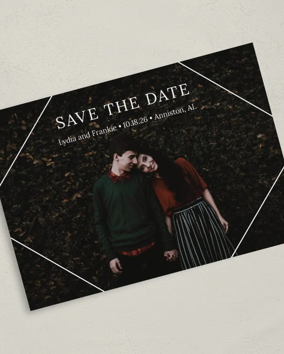 This is a 5" x 7" Save the Date Card called Intertwined Diamond printed in full color on Premium Smooth paper