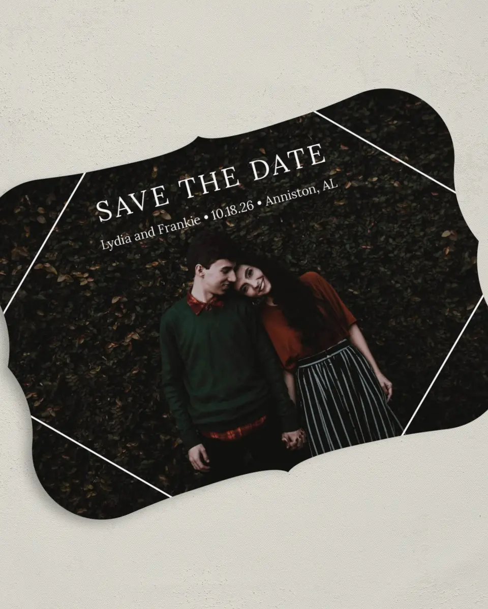 This is a 5" x 7" Save the Date Card called Intertwined Diamond printed in full color on Premium Smooth paper